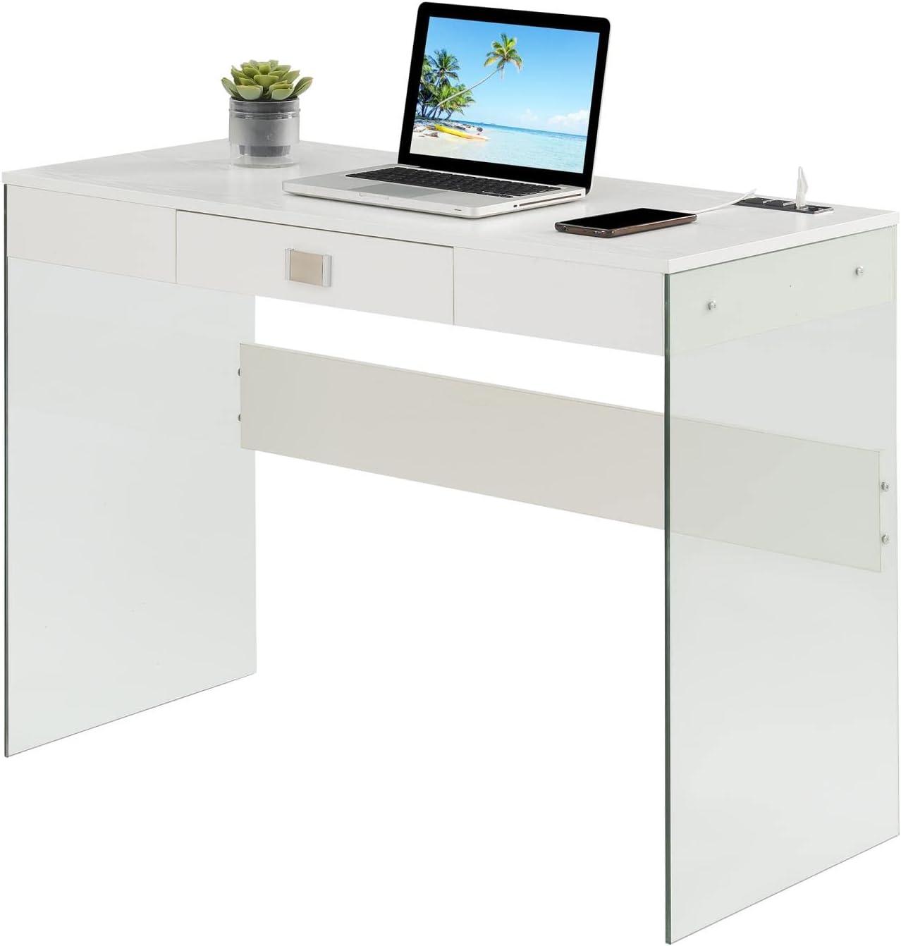 Convenience Concepts SoHo 30"H 42" W Glass Desk with Charging Station, White/Glass, All Ages