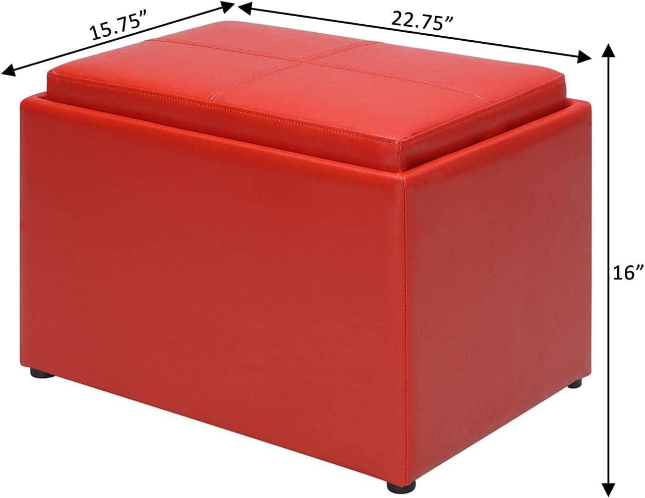 Versatile Bright Red Faux Leather Ottoman with Reversible Tray