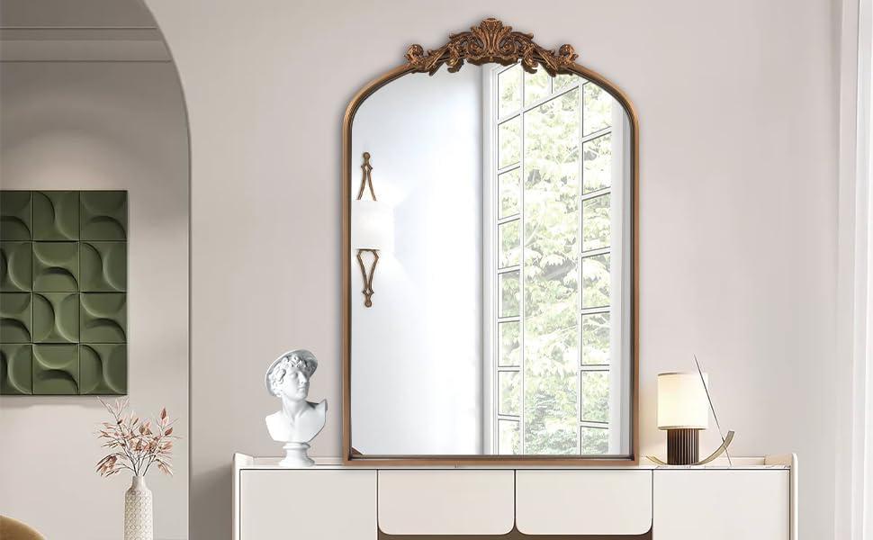BohoBliss 24"X36" Gold Vintage Mirror for Wall, Antique Arch Mirror, Victorian Ornate Baroque Mirror for Wall, Mantel, Fireplace, Living Room, Hallway, Bathroom, Bedroom, Entryway