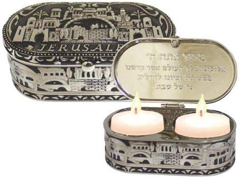 jewish shabbat travel candle holders - jerusalem candlesticks - judaica nickel