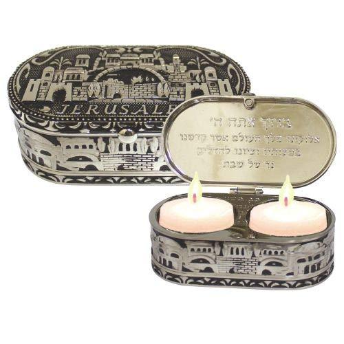jewish shabbat travel candle holders - jerusalem candlesticks - judaica nickel