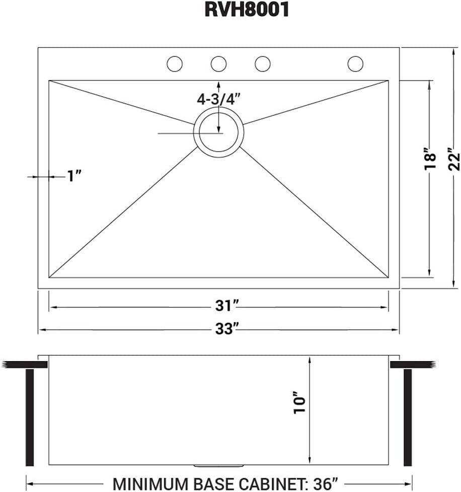 Ruvati 33 x 22 inch Drop-in Topmount Zero Radius Stainless Steel Kitchen Sink Single Bowl - 4 holes