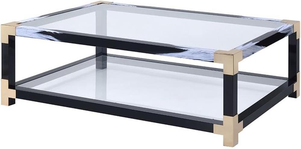 Rectangular Metal Coffee Table with Glass Top and Shelf Black - Saltoro Sherpi