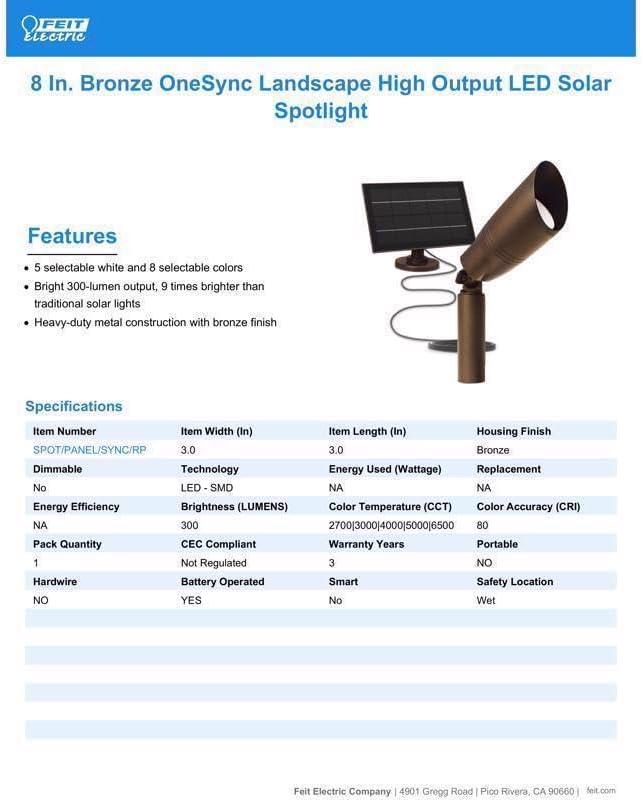 FeitElectric Feit OneSync Solar Powered 100 W LED Spot Light Kit 1 pk