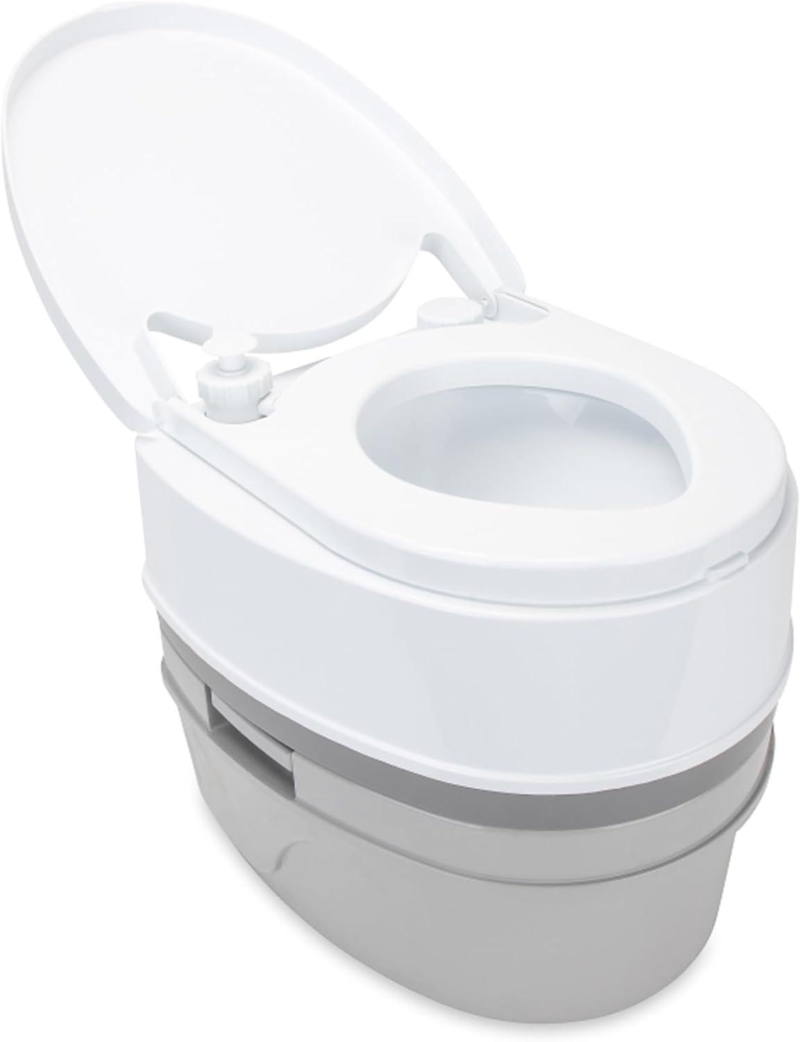 Camco Camping/RVing Premium Travel Toilet | Features a 5.3-Gallon Detachable Holding Tank, Pump Flush Design & Spring-Loaded Latch (41544)