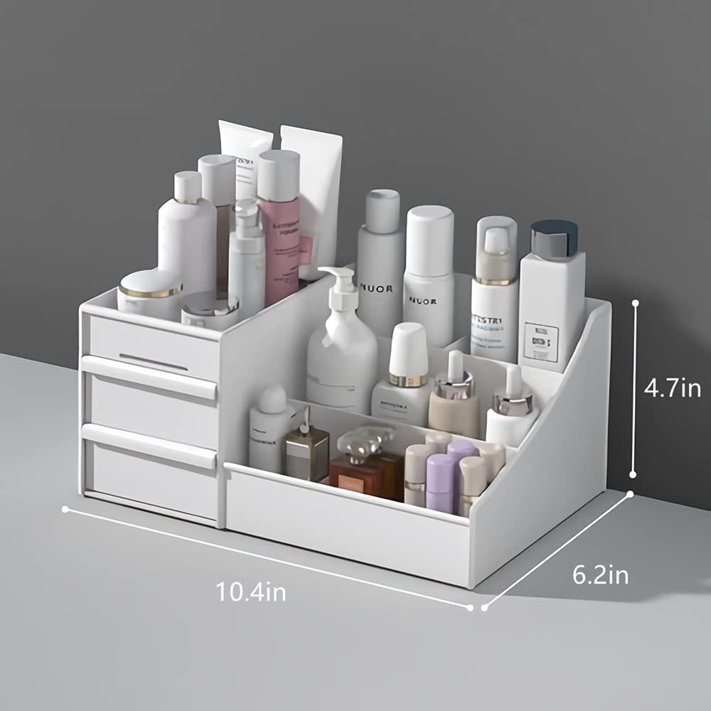 Compact White Plastic Makeup Desk Organizer with Drawers