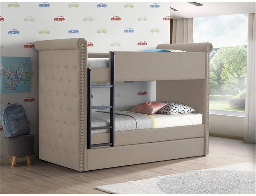 Beige Twin Bunk Bed with Trundle and Tufted Upholstery