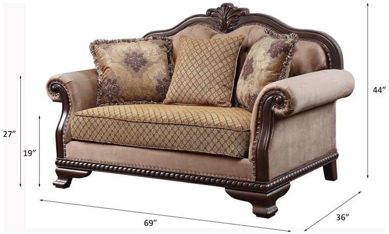 69" Chateau De Ville Fabric Sofa Espresso Finish - Acme Furniture: Carved Wood, Tufted Cushions, Includes 3 Pillows