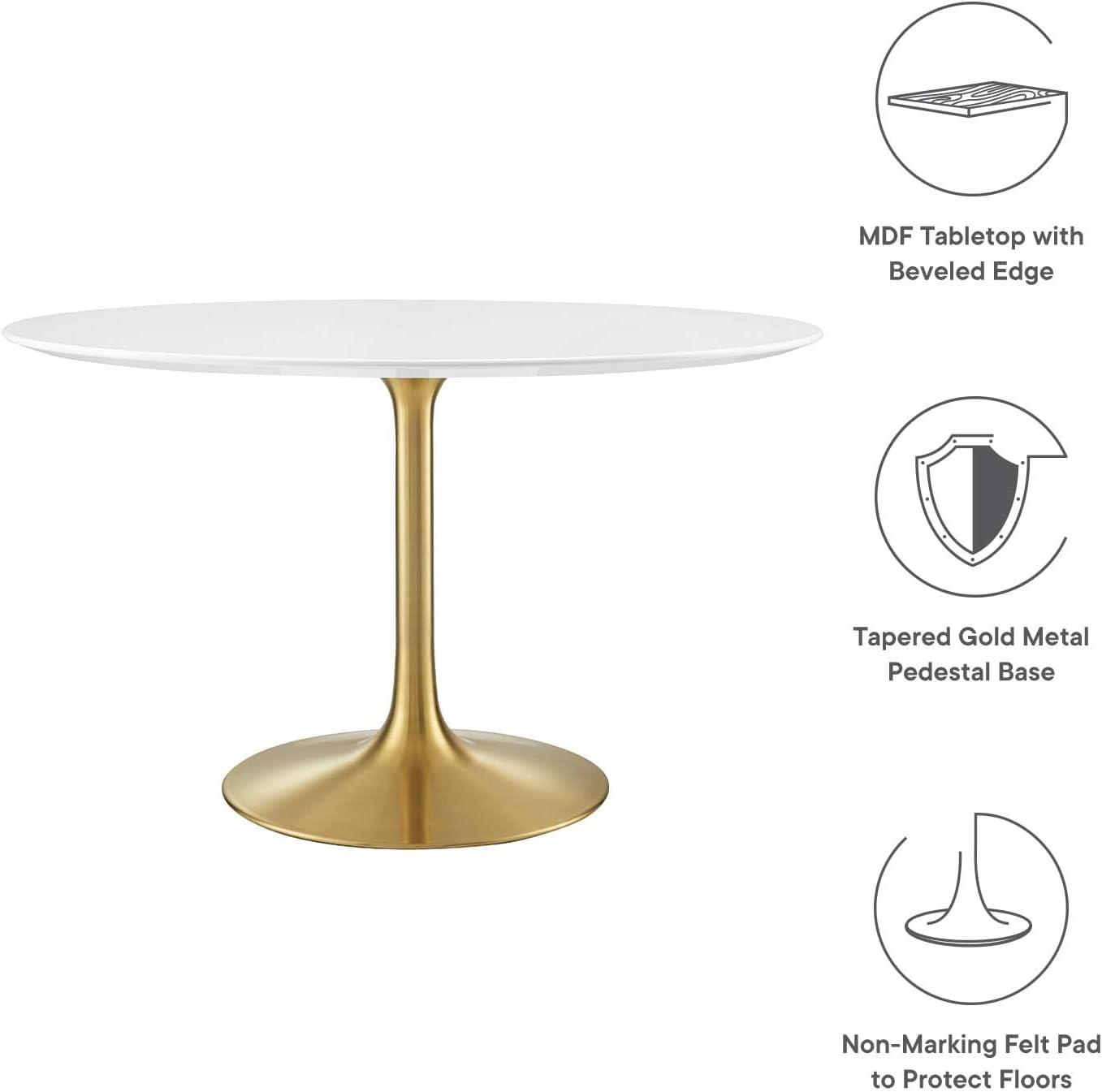 Modway Lippa 47" Round Wood & Metal Dining Table in Gold and White