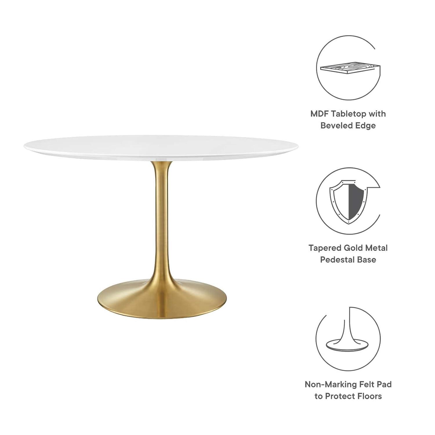Modway Lippa 47" Round Wood & Metal Dining Table in Gold and White