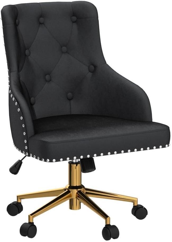 BELLEZE Belden Button-Tufted Upholstered Fabric Mid-Back Swivel Computer Desk Chair, Black & Gold