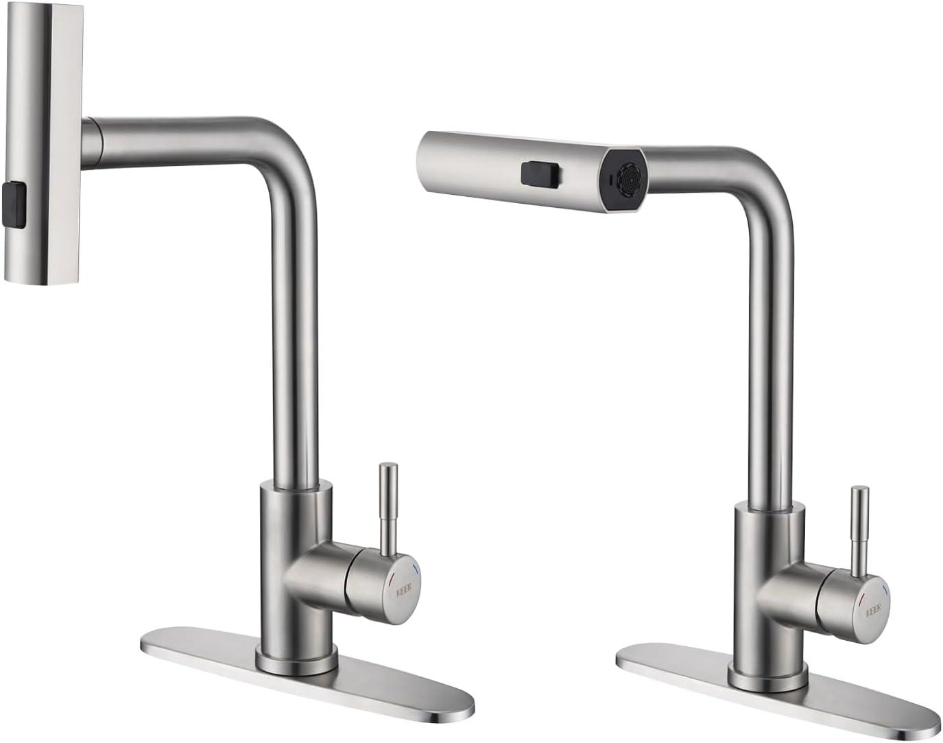 Brushed Nickel Stainless Steel Pull-Down Kitchen Faucet with Spray Modes