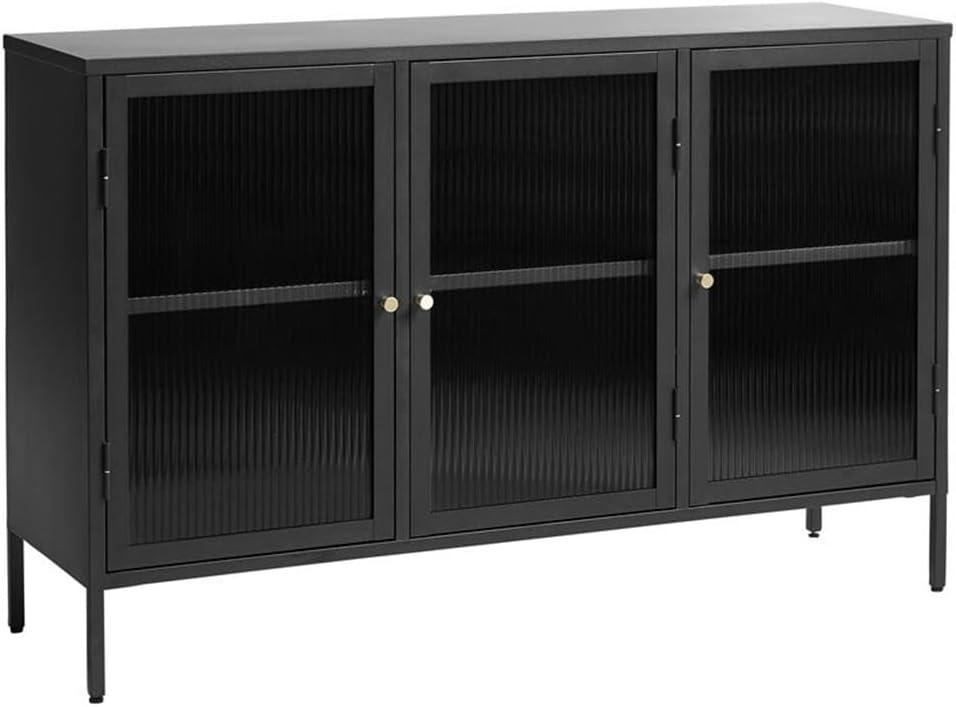 Refined Modern Black and Gold Metal Sideboard with Glass Panel Doors