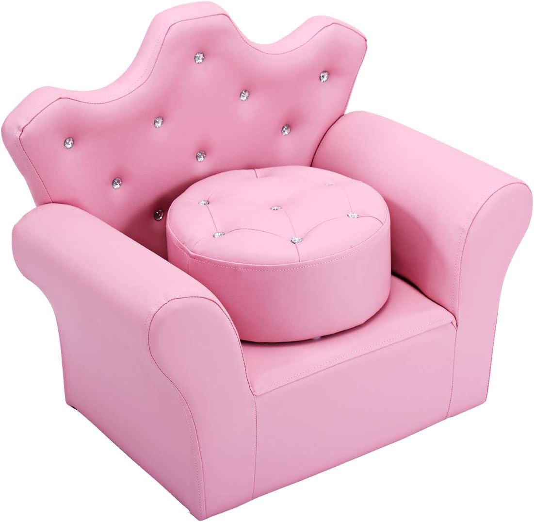 Pink Princess Leather Armchair with Ottoman and Diamond Accents