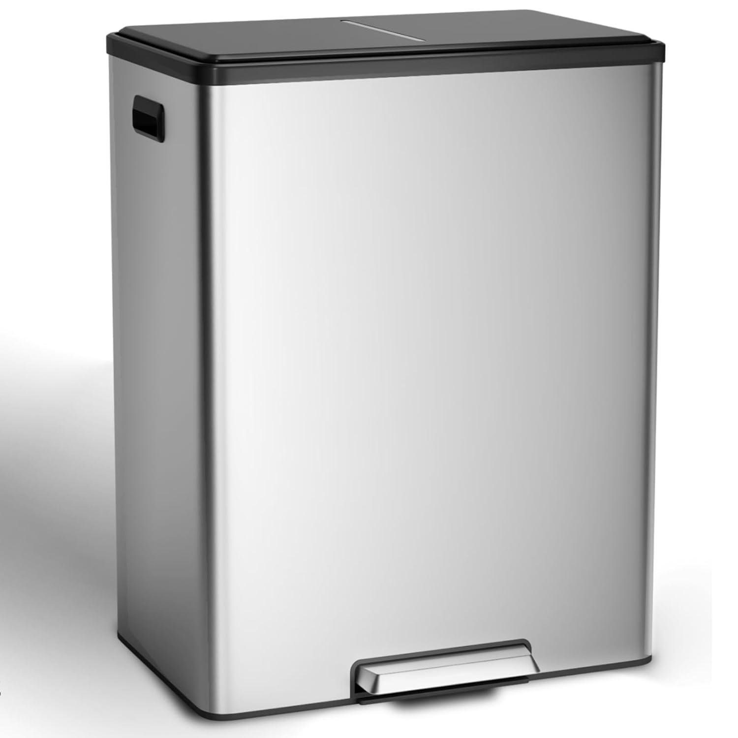 GlowSol Dual Trash Can for Recycling and Trash, Stainless Steel Kitchen Trash Can with Lid and Foot Pedal, Double Compartment Garbage Can, Trash Can with Recycling Bin (2 x 15 L)