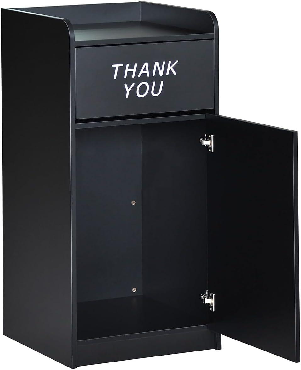 Black Wood Tray Top Trash Receptacle with Thank You Text