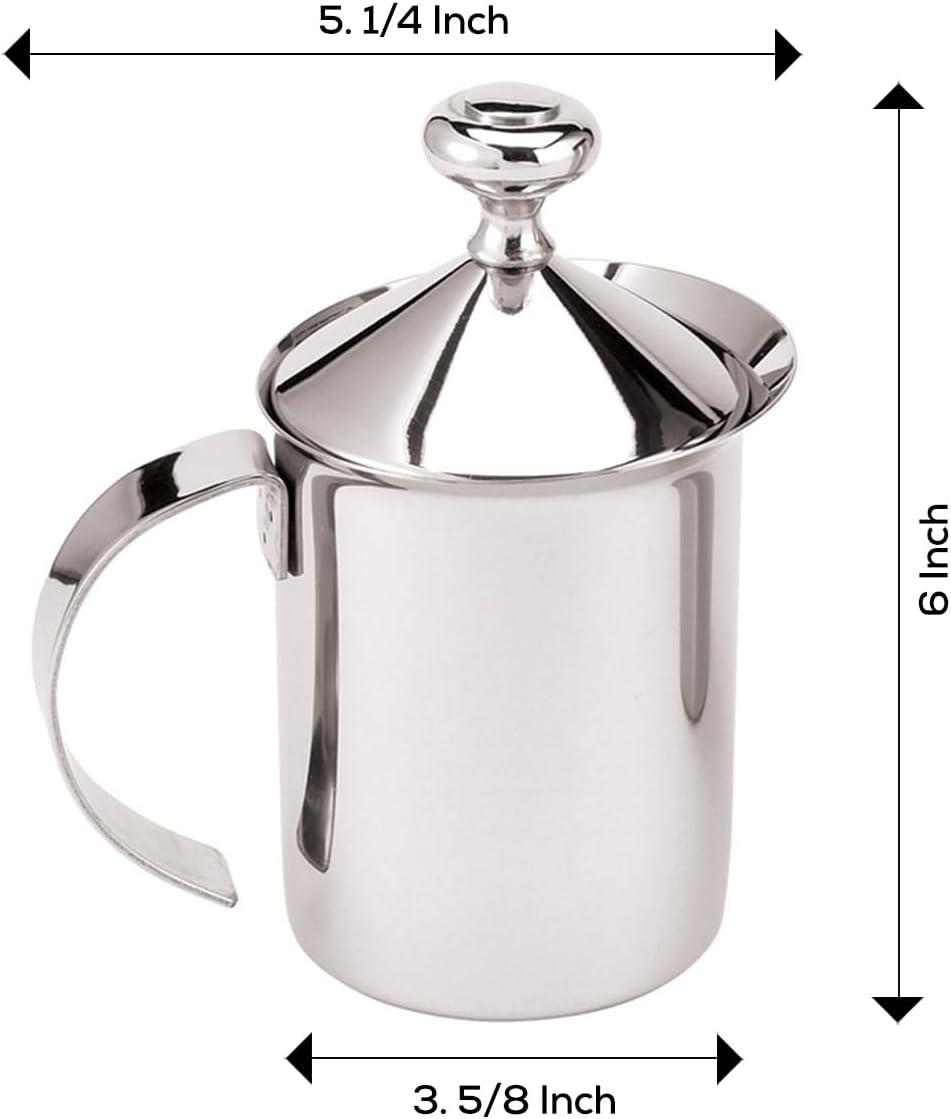 Fino Milk Creamer Frother Cappuccino Foam Pitcher with Handle and Lid, 18/8 Stainless Steel, 14-Ounce Capacity