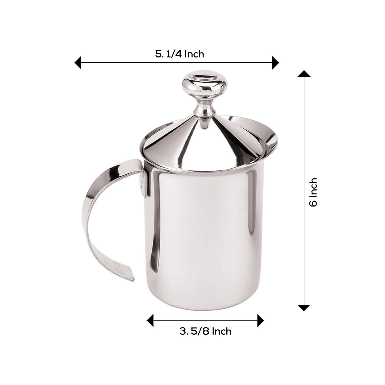 Fino Milk Creamer Frother Cappuccino Foam Pitcher with Handle and Lid, 18/8 Stainless Steel, 14-Ounce Capacity