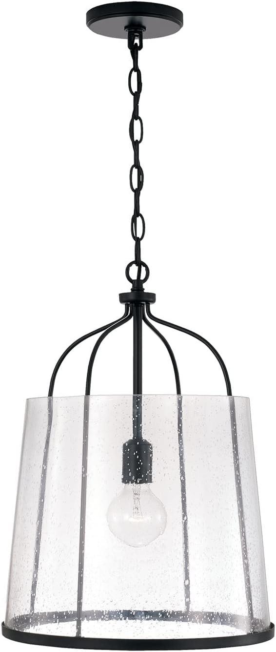 Madison Matte Black Brass Drum Pendant with Seeded Glass