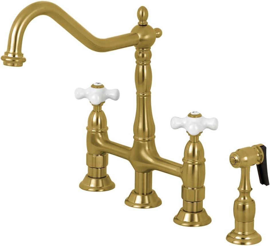Kingston Brass Heritage Two-Handle 4-Hole Deck Mount Bridge Kitchen Faucet with Brass Side Sprayer