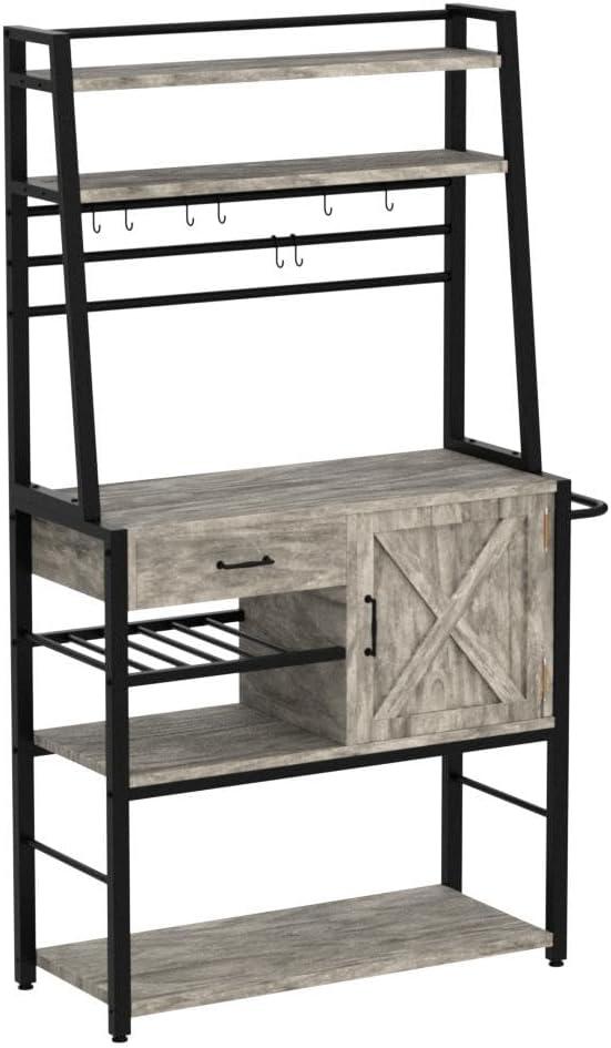 Baker's Rack, Coffee Bar Cabinet, Farmhouse Microwave Stand with Wine Rack, Storage Drawer and 8 Hooks, Bakers Racks for Kitchens with Storage, Ivory Gray