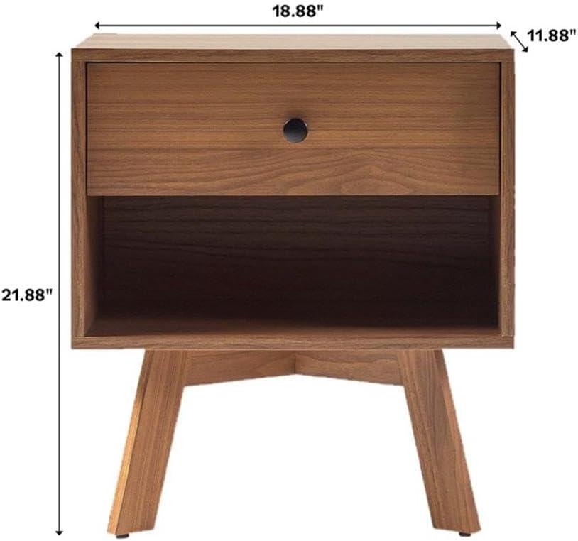 Mocha Mid-Century Modern 1-Drawer Nightstand with Open Shelf