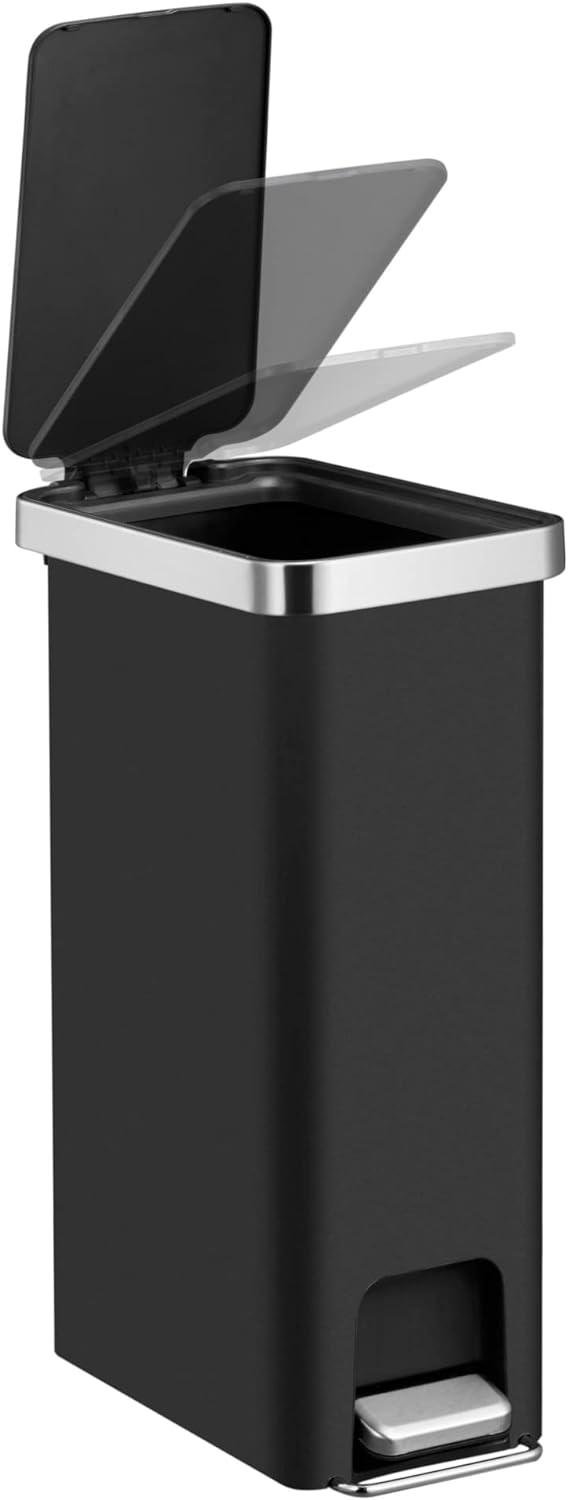 10.5 Gallon Black Plastic Slim Step-On Trash Can with Stainless Steel Accents