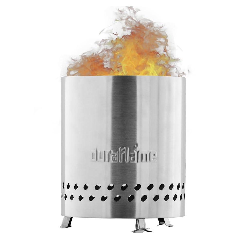 Duraflame 5.5 inch Table Top Fire Pit with Built-in Stand & Removable Grate, Low Smoke, Portable Mini Fire for Outdoor Use, Wood or Pellets, Double Walled Stainless Steel, with Travel Bag Included.