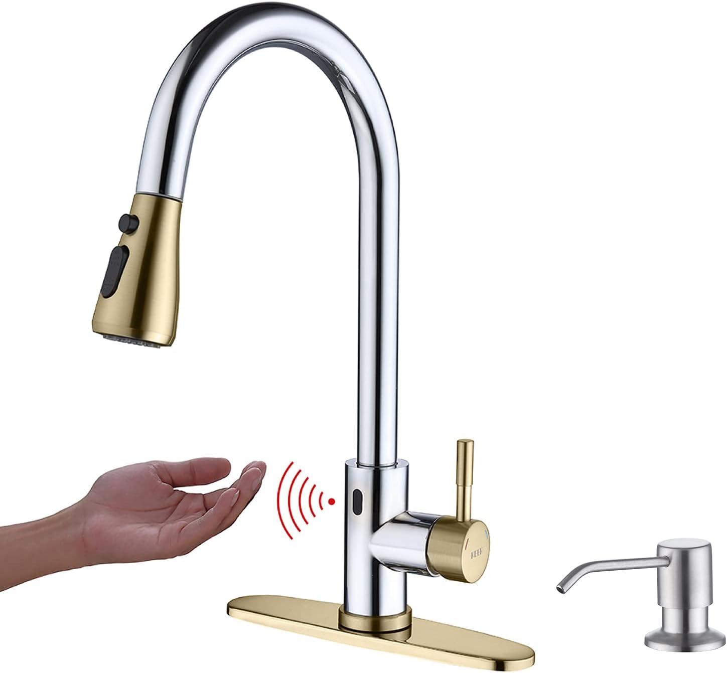 Gold and Chrome Touchless Pull-Down Kitchen Faucet with Soap Dispenser