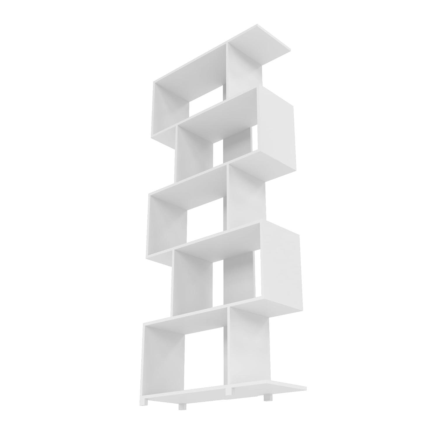Manhattan Comfort Petrolina Bookshelf with 5 Zig-Zag Cubbies & Open Shelves, Unique Mid Century Modern Bookcase, Ideal for Living Room, Office, Bedroom, Display Ornaments, Trophies, Photos, White