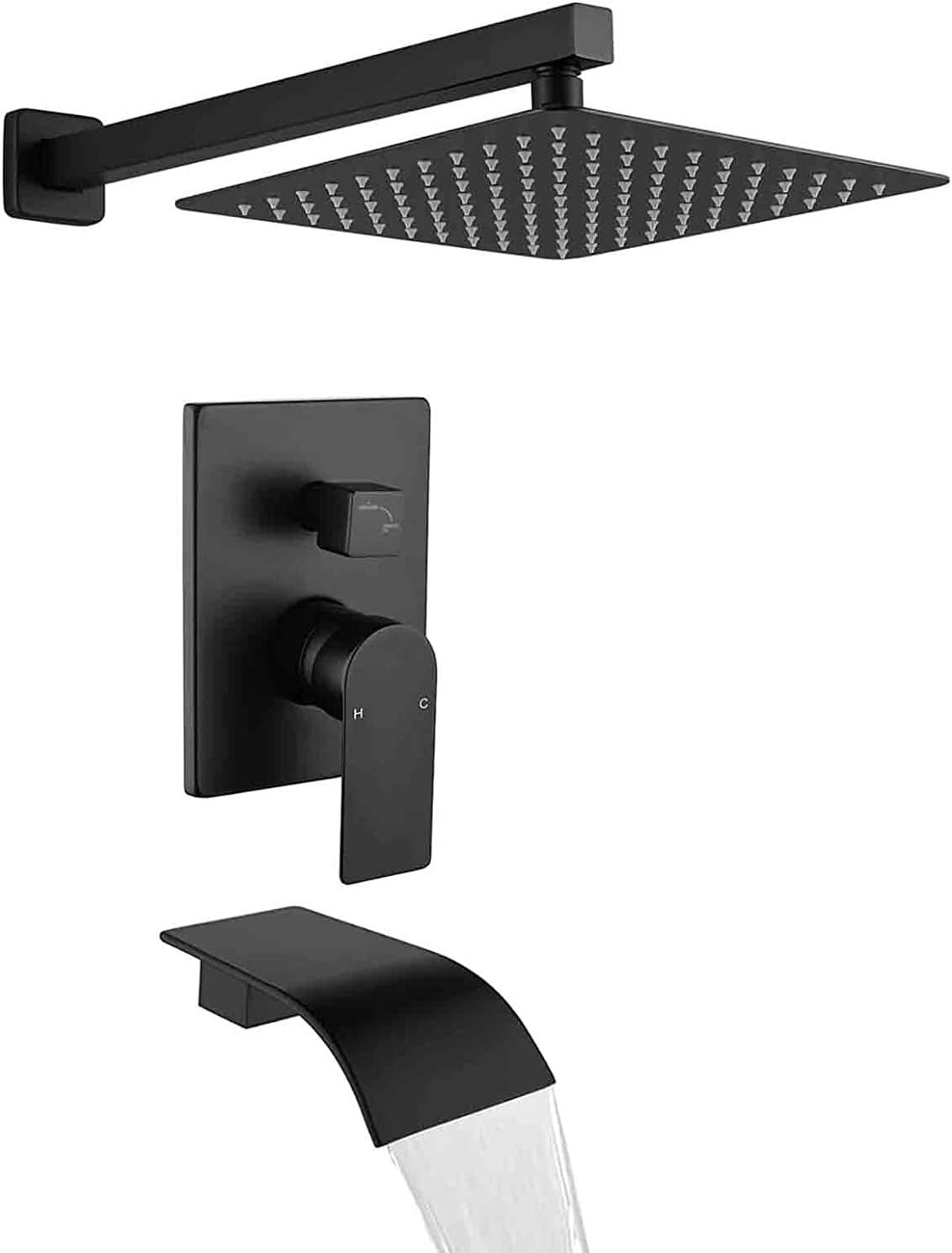 Matte Black Square Rain Shower Faucet Set with Lever Handle