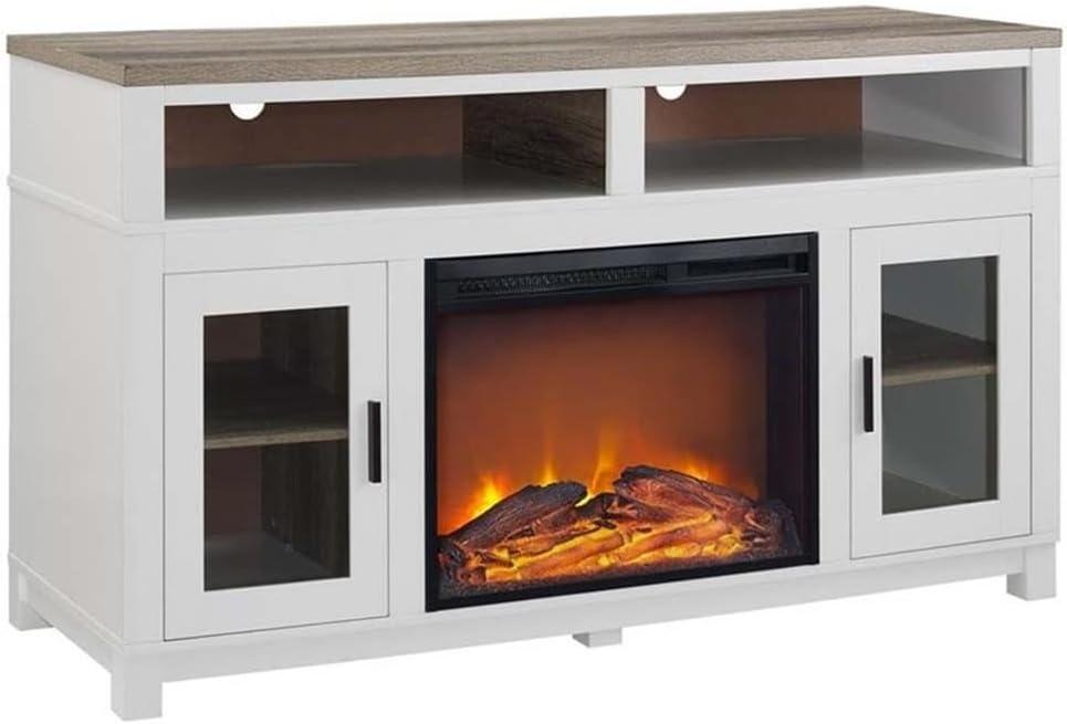 White MDF Electric Fireplace TV Stand with Glass Cabinets