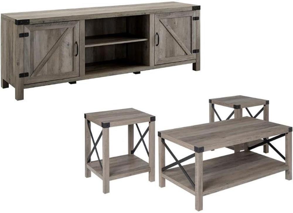 Home Square 4 Piece Set with TV Stand, Coffee Table and 2 End Tables in Oak