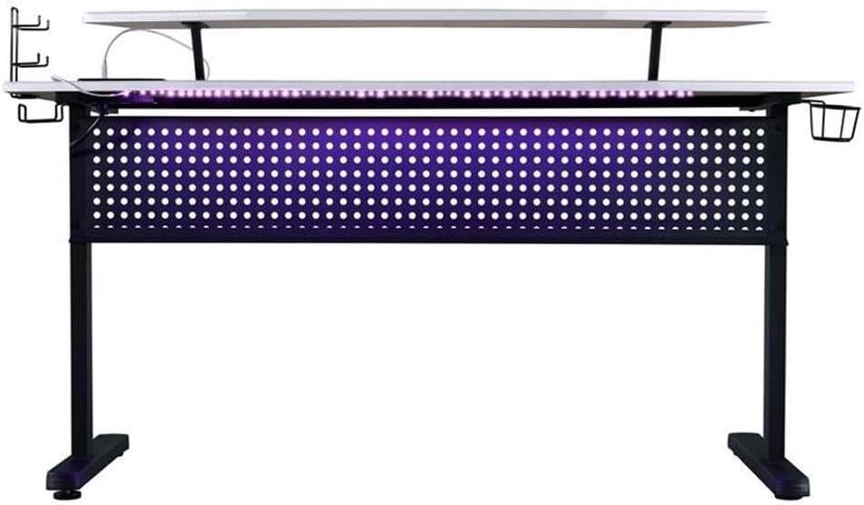 Vildre Gaming Desk with USB Port Black/White - Acme Furniture: Hutch, Power Outlets, Cupholder, Controller Stand