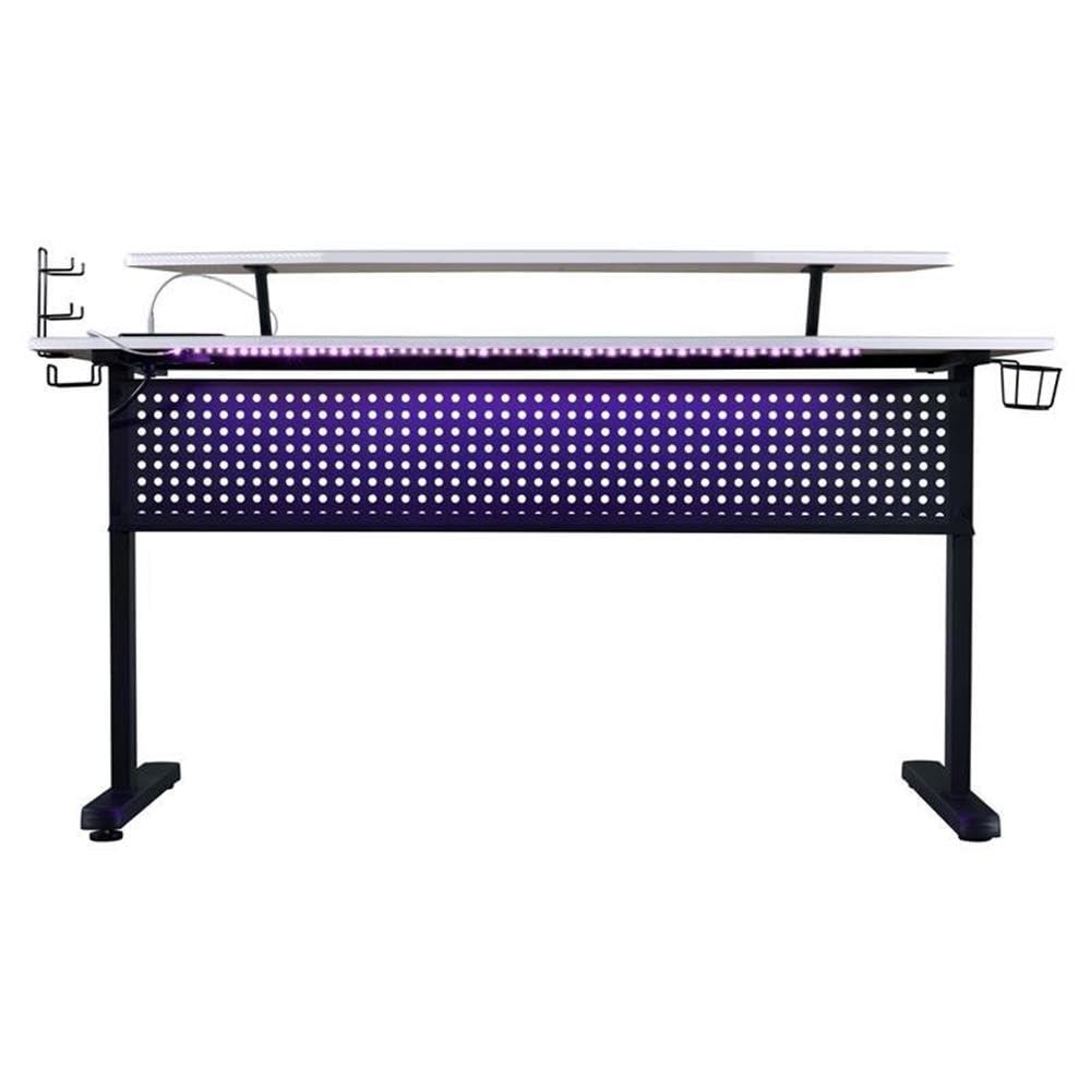 Vildre Gaming Desk with USB Port Black/White - Acme Furniture: Hutch, Power Outlets, Cupholder, Controller Stand