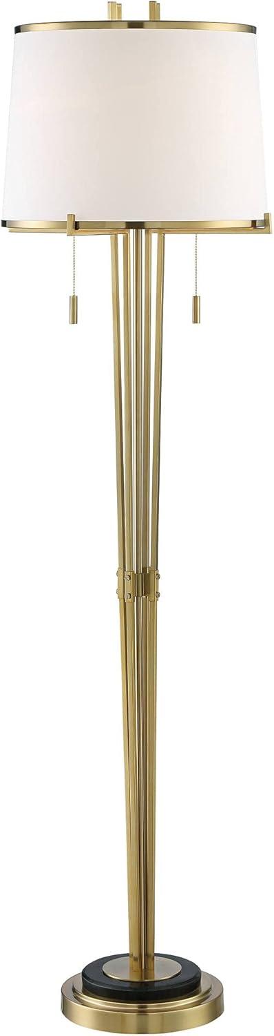 Possini Euro Design Palisade Modern Floor Lamp 64" Tall Satin Brass Metal Trimmed Fabric Tapered Drum Shade for Living Room Bedroom Office House Home