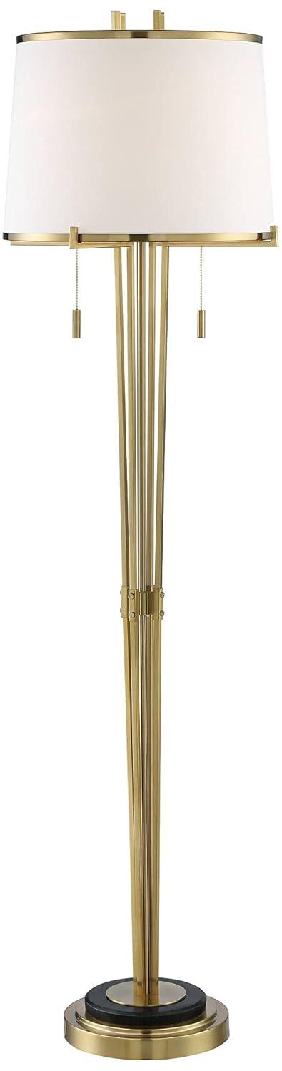 Possini Euro Design Palisade Modern Floor Lamp 64" Tall Satin Brass Metal Trimmed Fabric Tapered Drum Shade for Living Room Bedroom Office House Home