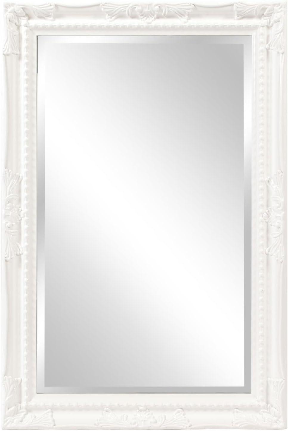 Elegant Glossy White Rectangular Wood Wall Mirror with Beaded Accents