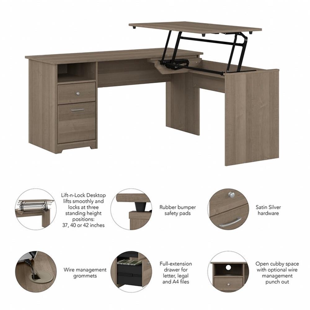 Modern Gray Adjustable Height L-Shaped Home Office Desk with Drawers