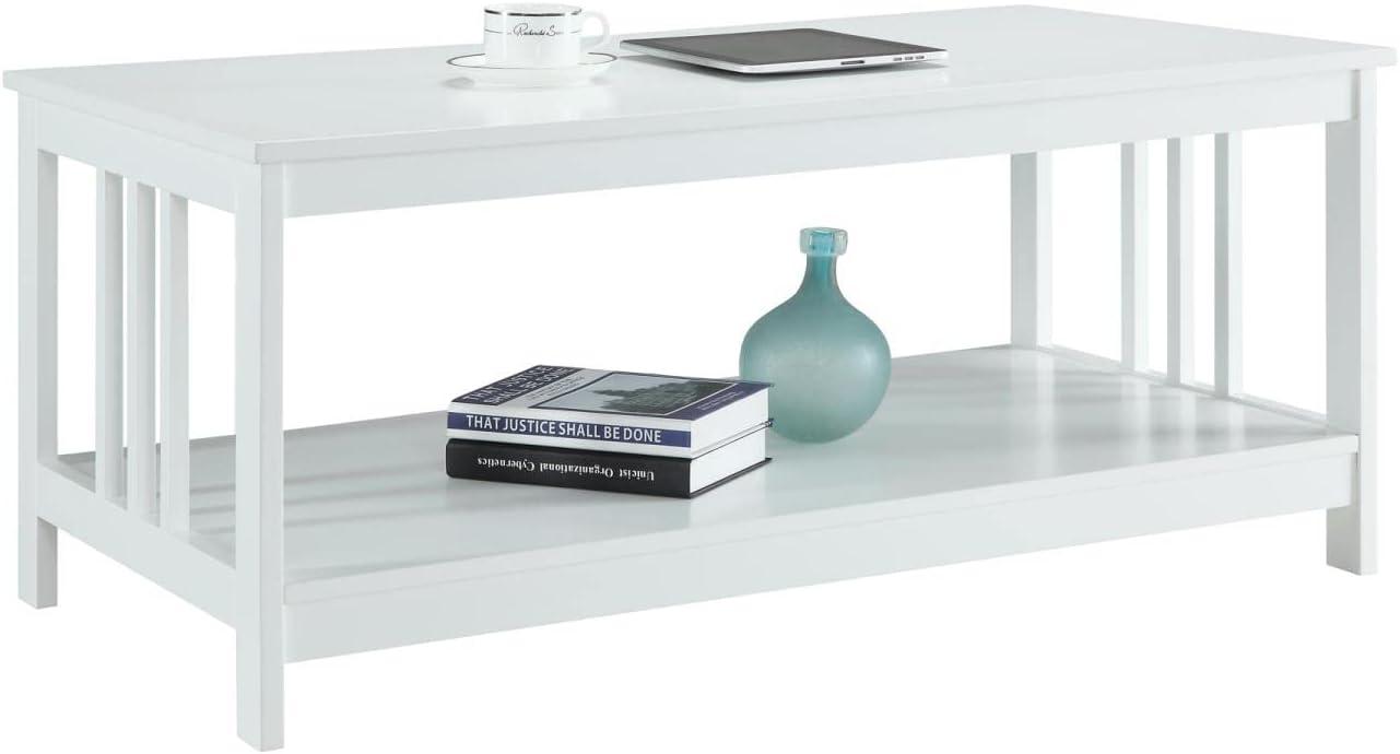 Elegant Mission White Rectangular Wood Coffee Table with Shelf