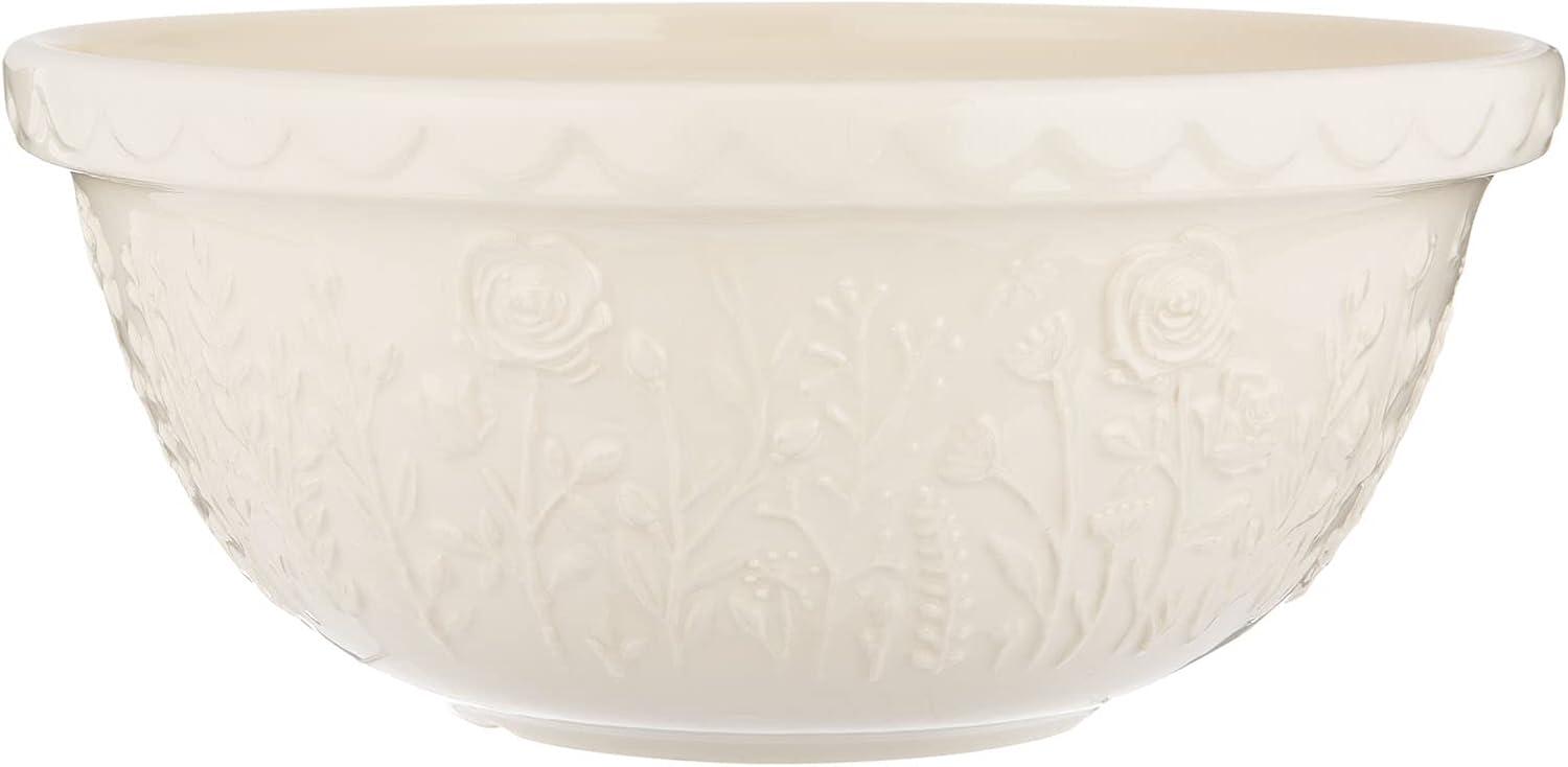 Cream Ceramic Rose Embossed Mixing Bowl, 4.25 Qt