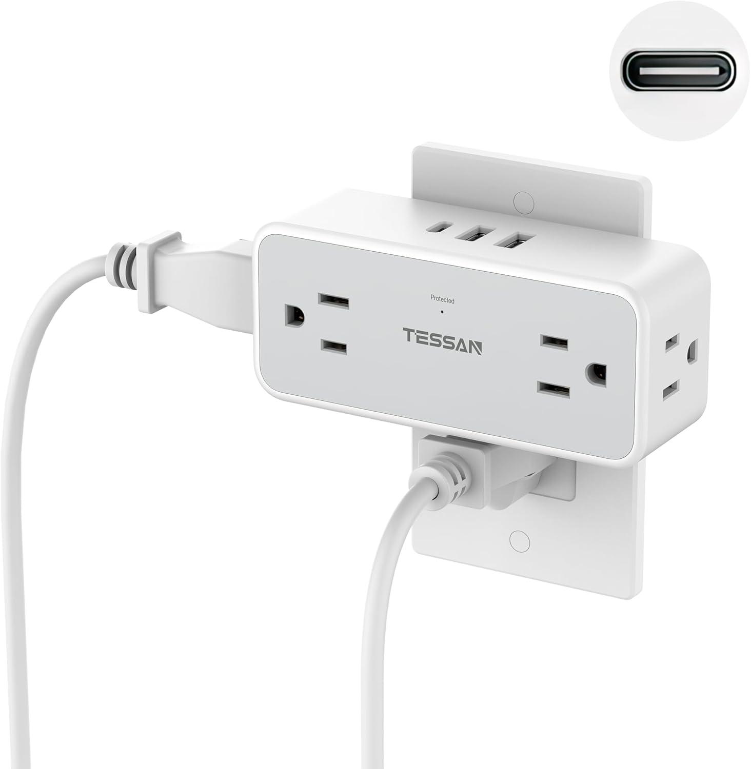 Compact White Multi Plug Wall Outlet Extender with USB Ports