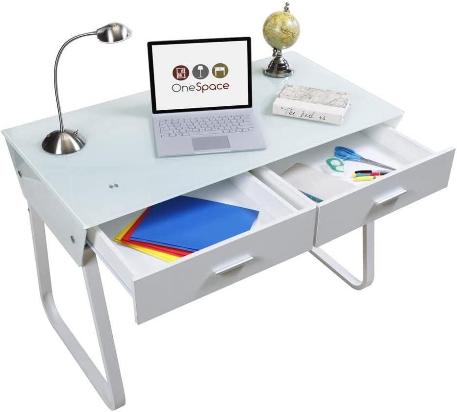 White Glass and Steel Computer Desk with Drawers and Keyboard Tray