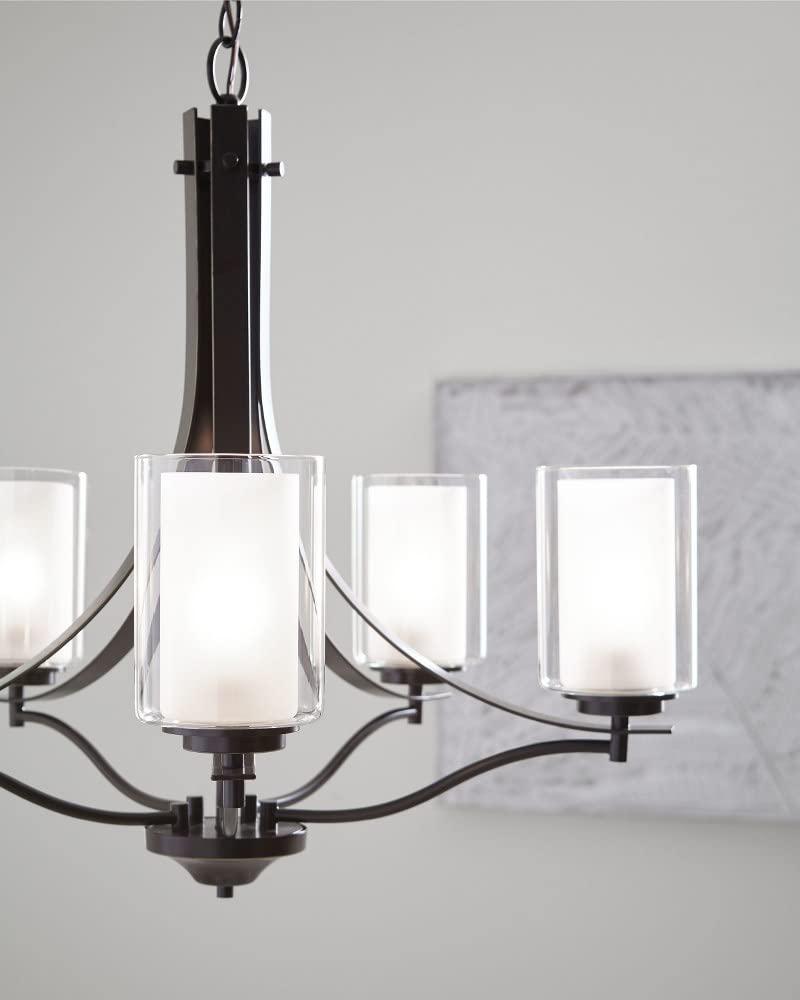 Elmwood Park 5-Light Bronze Modern Transitional Hanging Candlestick Chandelier with Satin Etched Glass Shades