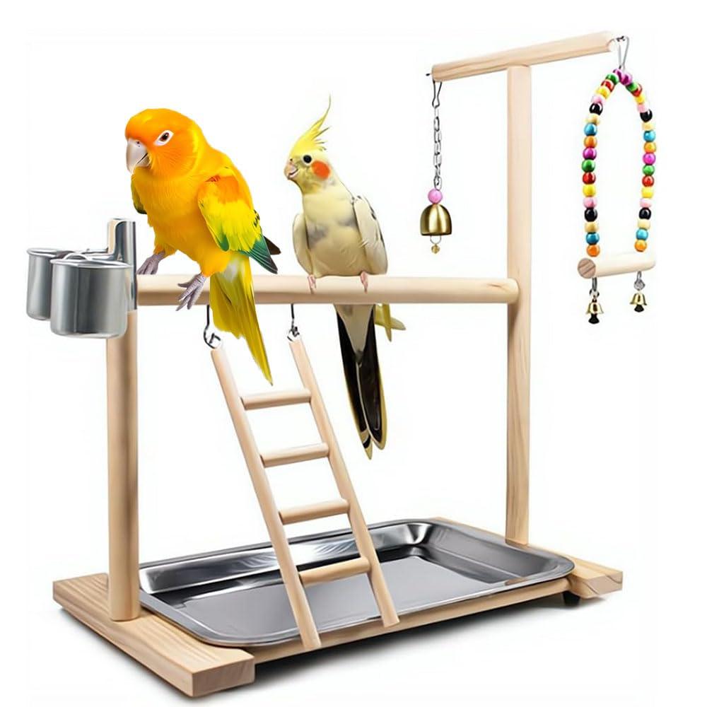 Bird Playground Parrot Playstand, Stand Fun Straw Bell Toys, Ladder Hanging Swing Chew Exercise Toys, for Conure Macaw Cockatiel Finch Small Animals