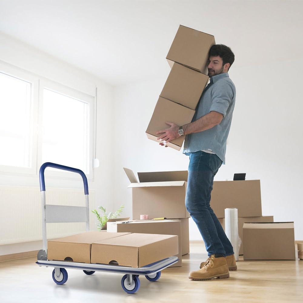 Heavy Duty Blue and White Foldable Platform Push Cart with Caster Wheels