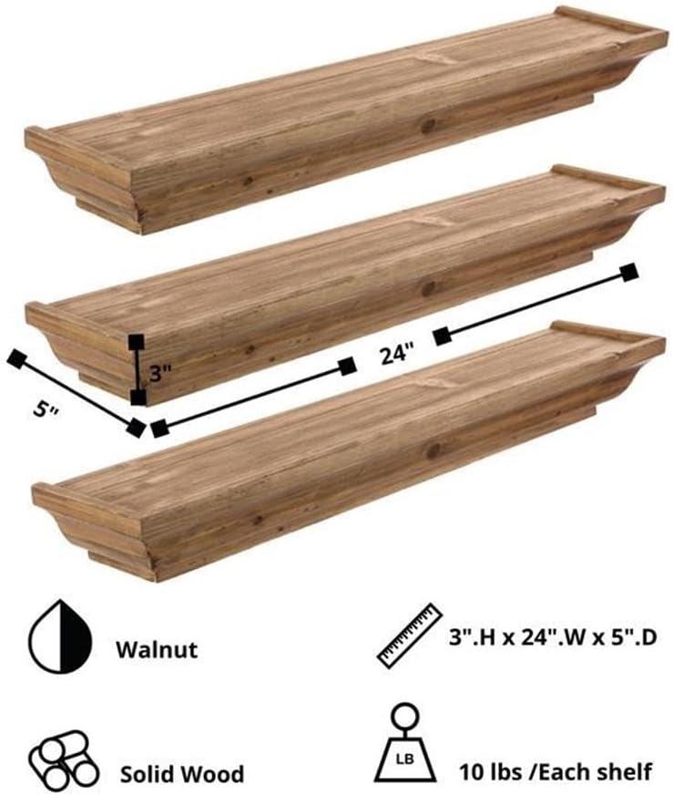 Muskoka Fitz Wooden Floating Shelves - Set Of 3, Sizes 24",Walnut - Perfect For Displaying Precious Frames Of Memory, Decorative Pieces For Home, Office, And Restaurant