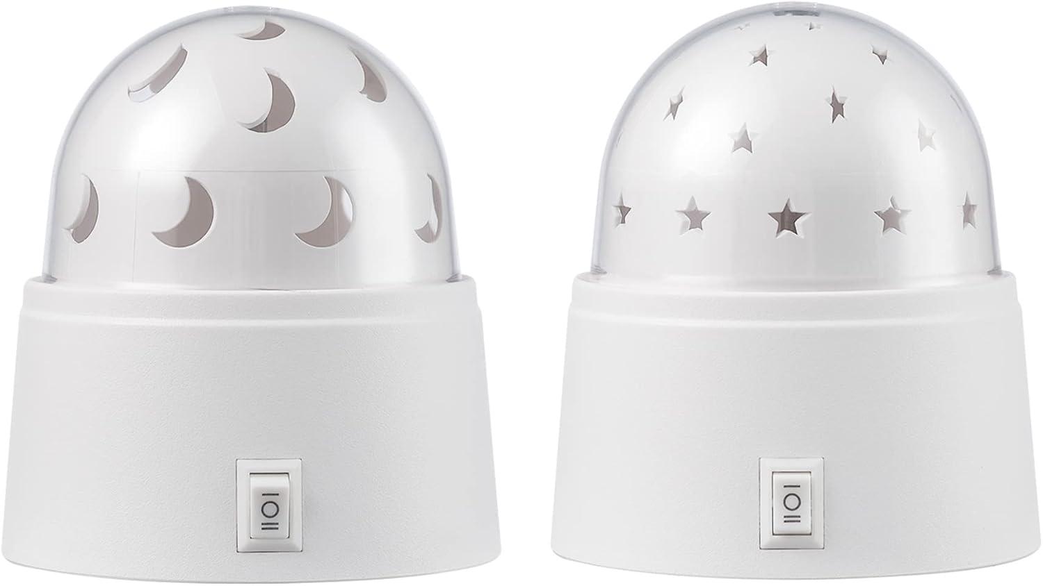 Globe Electric 13767 Rotating Projector Star and Moon LED Integrated Night Lights 2-Pack, 1x Star, 1x Moon, Battery Operated, 30 Min Timer, On/of Button, White Finish