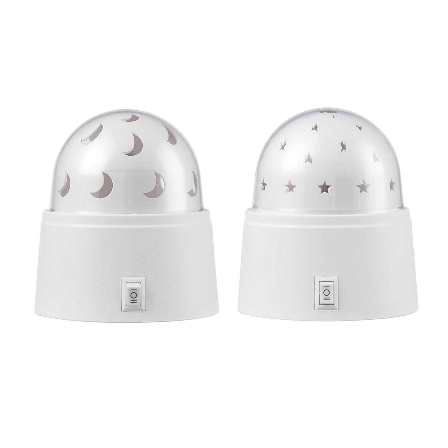 Globe Electric 13767 Rotating Projector Star and Moon LED Integrated Night Lights 2-Pack, 1x Star, 1x Moon, Battery Operated, 30 Min Timer, On/of Button, White Finish