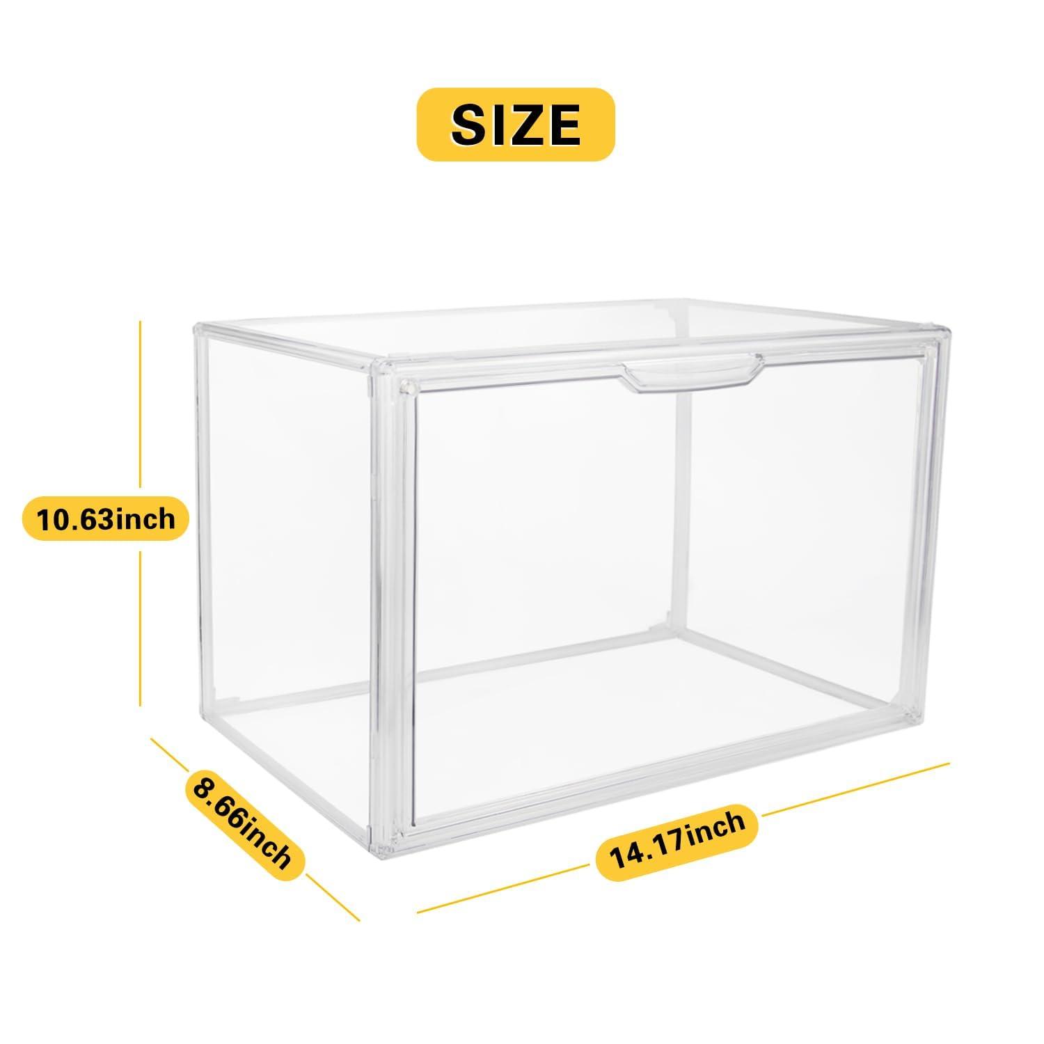 Clear Stackable Plastic Storage Bins with Magnetic Lid, Dustproof Book & Cosmetic Display Cases, Large Figures Collectibles Showcase, Shoe Box, Protection Organizer (Transparent, L-3 Pack)